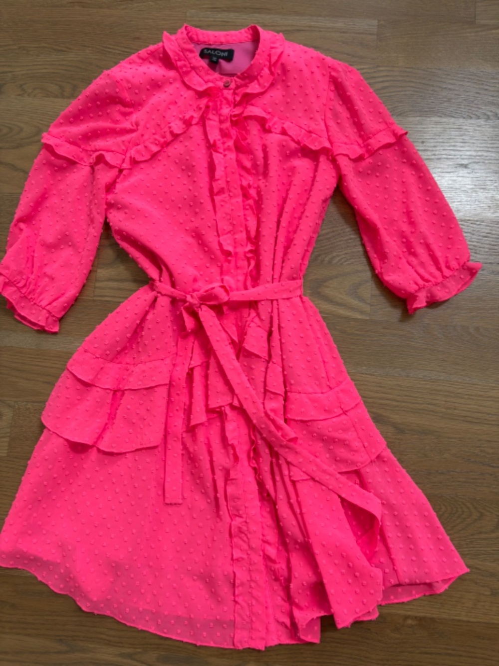 SALONI WOMENS SIZE 2 TILLY RUFFLE DRESS/HOT PINK LONG SLEEVE SWISS DOT